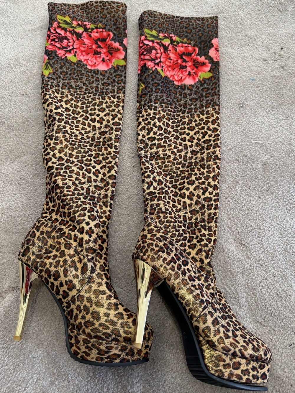 Cheetah Over-the-Knee Boots with Pink Floral Trim and Gold Heels - Picture 4 of 4